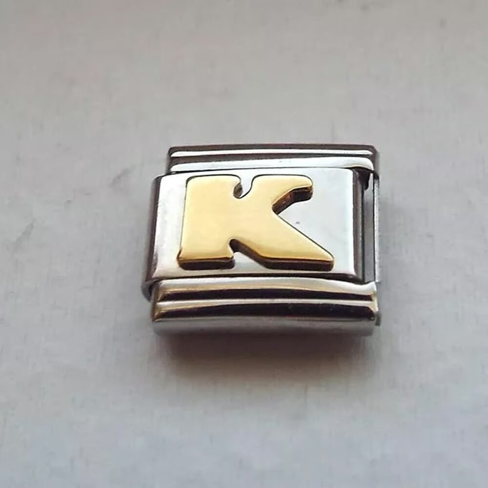 Raised gold metal Letter K 9mm stainless steel Italian charm bracelet link new